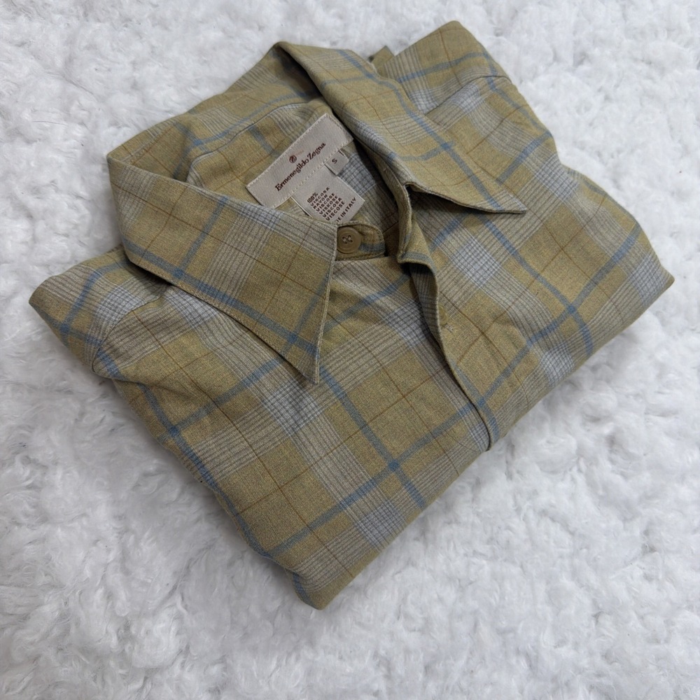 Ermenegildo Zegna Soft Yellow Plaid Button-Down Shirt with Blue Accents